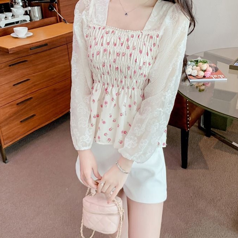 IELGY   Áo Sơ Mi Dài Tay Cổ Vuông Họa Tiết Hoa Phong Cách Pháp Thời Trang Cho Nữ