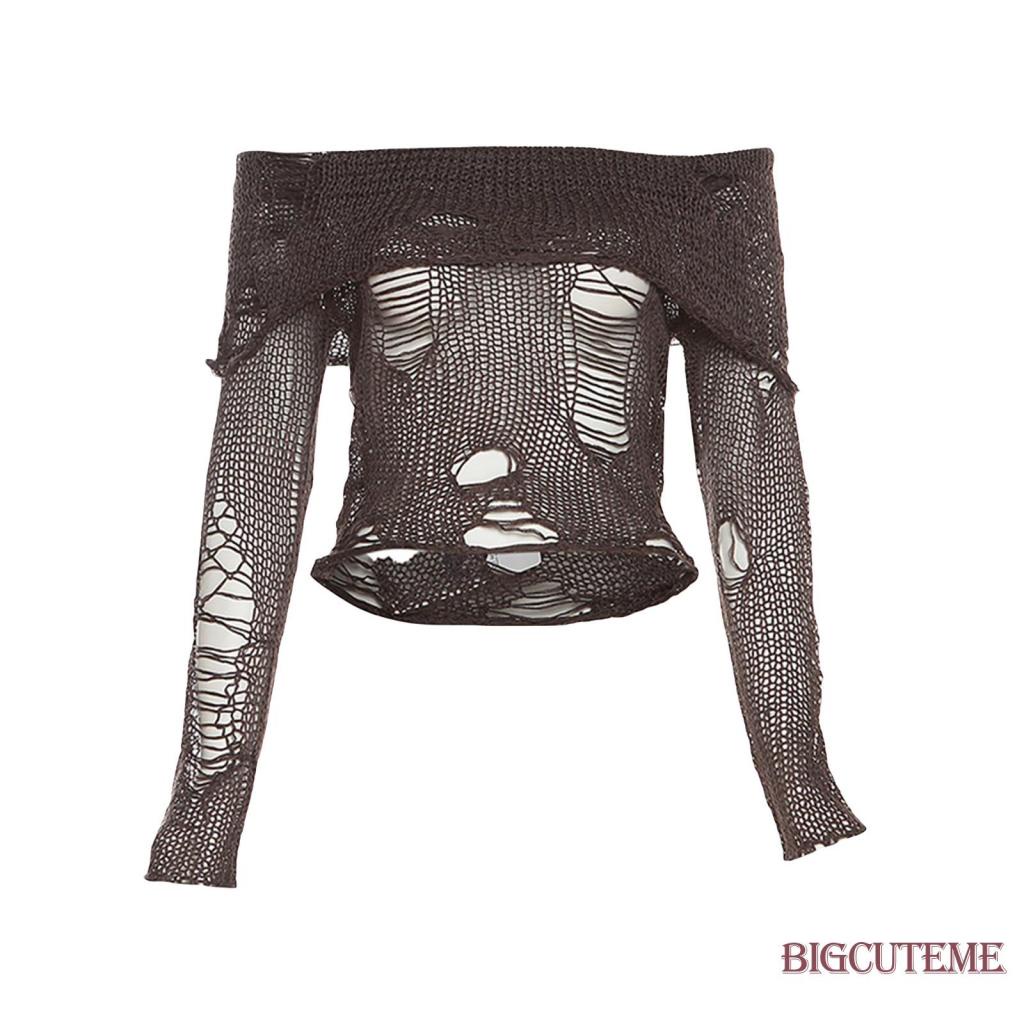 Áo Croptop Dệt Kim Trễ Vai Tay Dài Rách Cá Tính Thời Trang Đường Phố Cho Nữ