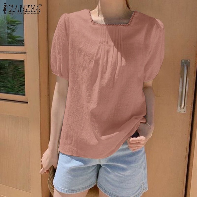 ZANZEA Áo Kiểu Cotton Tay Ngắn Phồng Cổ Vuông Màu Trơn Thời Trang Hàn Quốc Cho Nữ