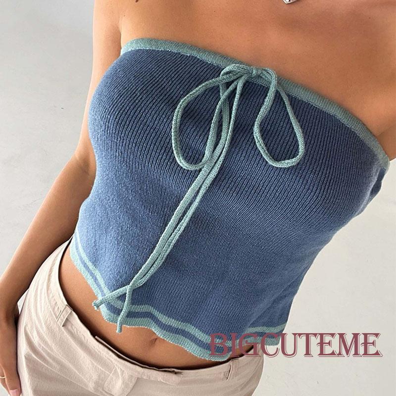 [] - Áo Crop Top Dệt Kim Không Dây Buộc Dây Phía Trước Thêu Hoa Màu Sắc Tương Phản Cho Nữ