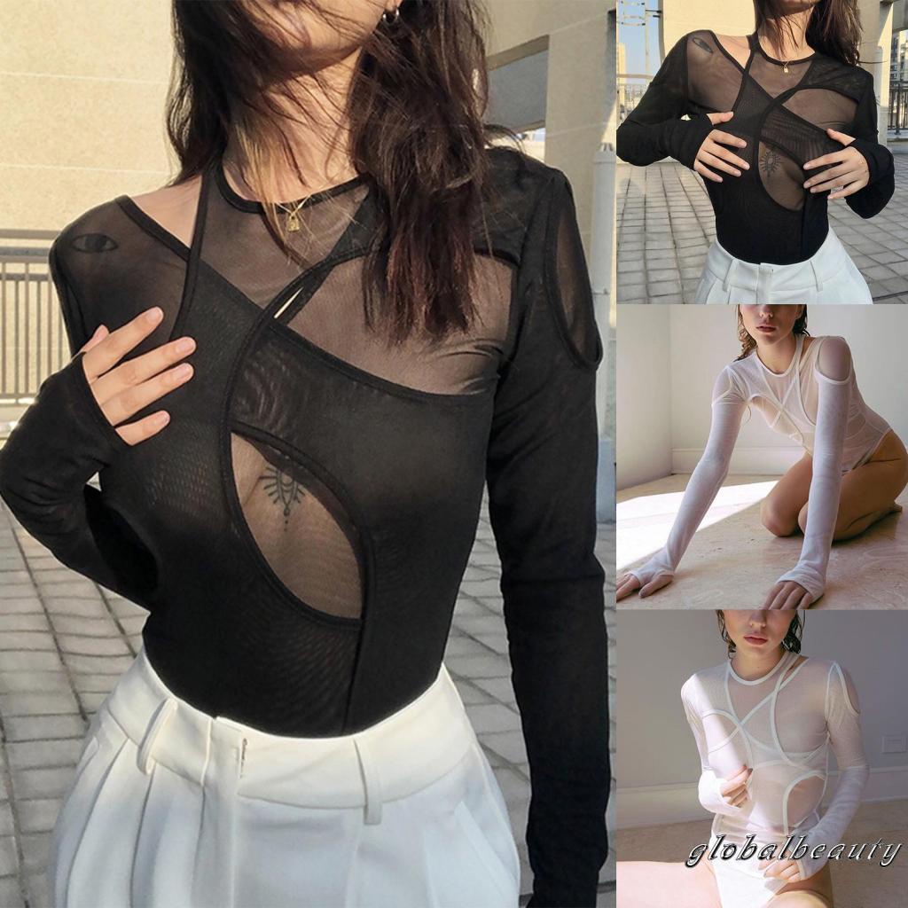 Áo Liền Thân Tay Dài Cổ Thuyền Dáng Ôm Hở Lỗ Màu Trơn Phối Quần Lọt Khe Thời Trang Quyến Rũ Cho Nữ