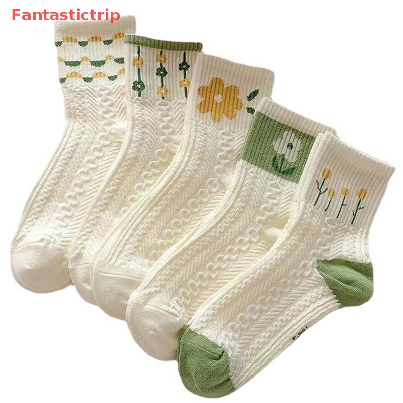 [Fantastictrip] Set 5 Cặp Vớ Cotton Trắng Thấm Hút Mồ Hôi Ngắn Hình Hoa Nhỏ Phong Cách Nhật Bản Dành Cho Nữ Mới