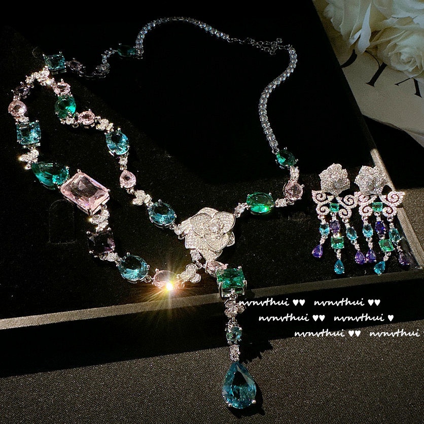 Set Dây Chuyền Và Bông Tai Mạ Vàng 18K Đính Đá Zircon Hình Giọt Nước