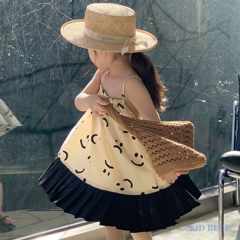 Đầm Hai Dây In Hình Mặt Cười Phong Cách Hàn Quốc Thời Trang Mùa Hè Xinh Xắn Cho Bé Gái