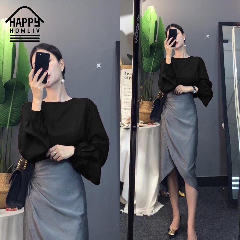 HAPPY HOMLIV Bộ Áo Sơ Mi Tay Loe + Chân Váy Xếp Ly Phong Cách Hàn Quốc Thời Trang Công Sở Cho Nữ