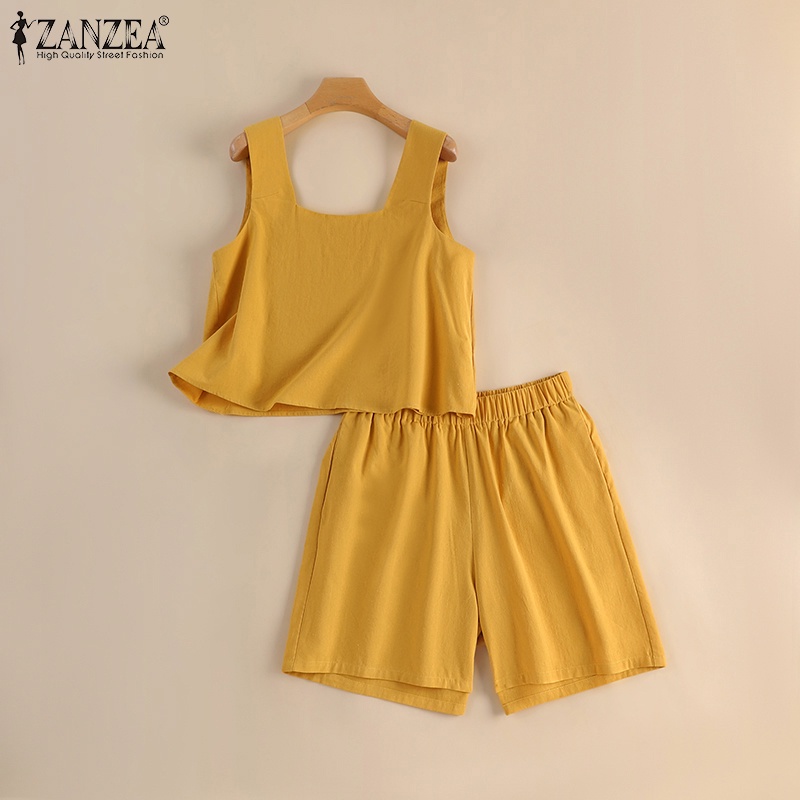 Zanzea Bộ Áo Tank Top Cổ Vuông + Quần Short Lưng Cao Thời Trang Vintage Cho Nữ