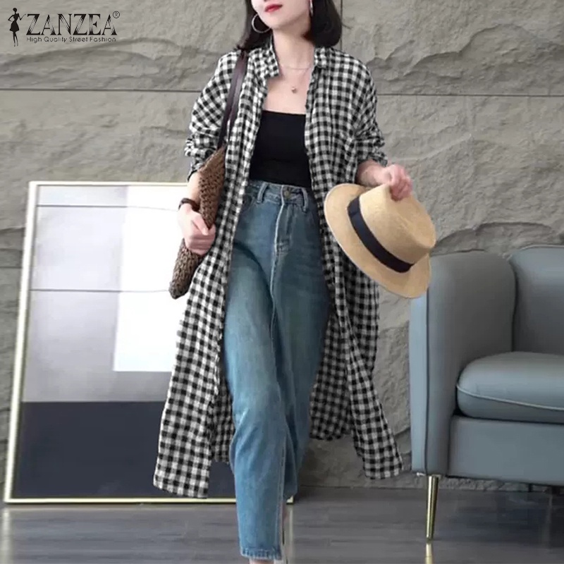 ZANZEA Áo Sơ Mi Dài Tay Họa Tiết Ca Rô Thời Trang Dành Cho Nữ