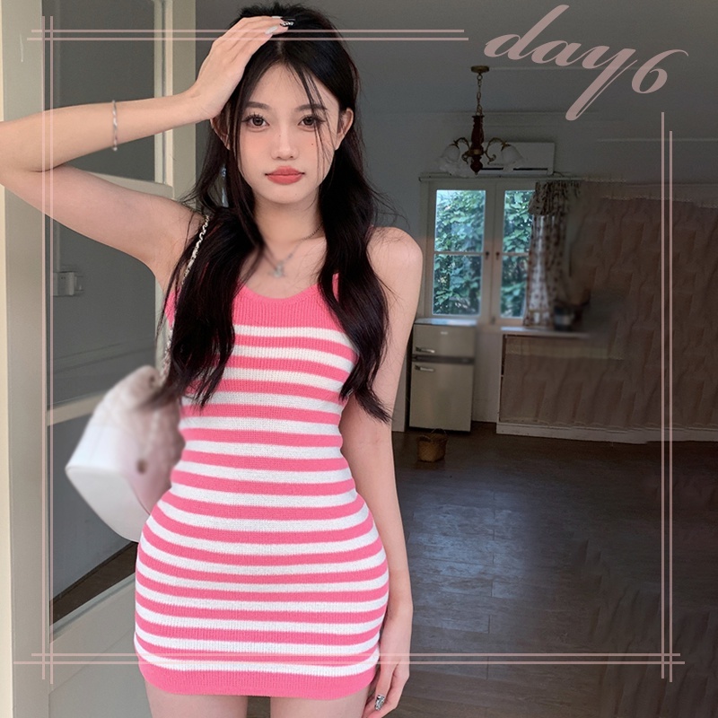 Đầm Dệt Kim Không Tay Dáng Ôm Họa Tiết Kẻ Sọc Thời Trang Hàn Quốc Quyến Rũ Cho Nữ