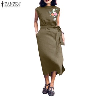 Đầm ZANZEA không tay cổ đứng xẻ tà eo thắt phong cách Hàn Quốc thời trang cho nữ