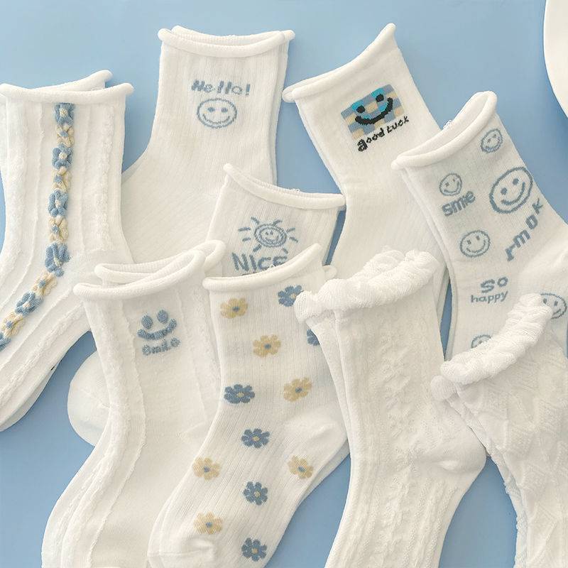 Vớ Cotton Mỏng Màu Trắng Phối Ren Họa Tiết Mặt Cười Dễ Thương Phong Cách Lolita Thời Trang Xuân Hè Cho Bé Gái