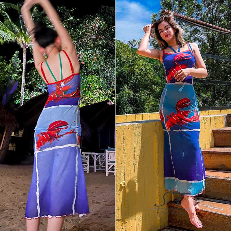 Đầm Hai Dây Dáng Dài Họa Tiết Tôm Hùm Thời Trang Mùa Hè CY03 Cho Nữ