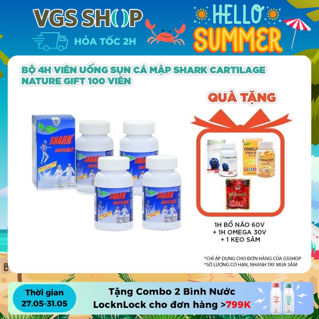 Bộ 4 Hộp TPBVSK Shark (100 viên/ hộp) + 1H omega 30v + 1H green living bổ não 60v + 1 gói kẹo hồng sâm