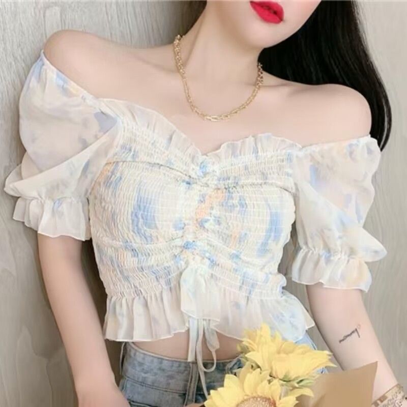 Áo Chiffon Tay Phồng Xếp Ly Phối Dây Rút Phong Cách Hàn Quốc Thời Trang Mùa Hè Xinh Xắn Cho Nữ