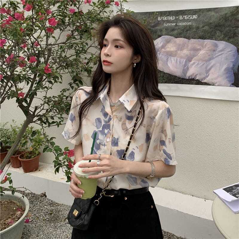 COZOK Áo Sơ Mi Tay Ngắn Dáng Rộng In Họa Tiết vintage Thời Trang Hàn Quốc