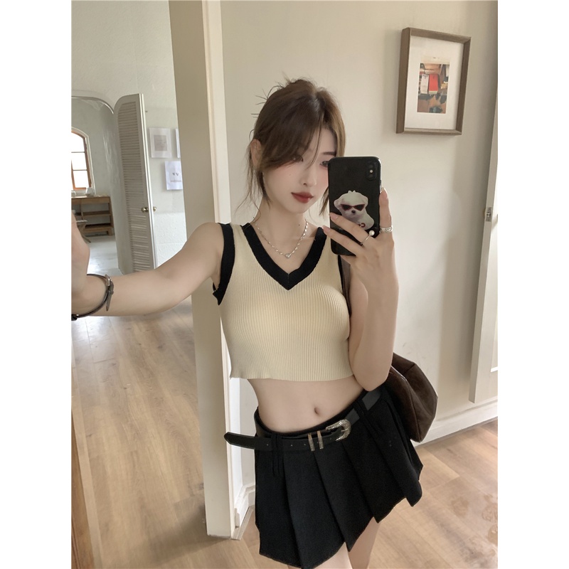 SUXI Áo Tank Top Dệt Kim Cổ Chữ V Màu Sắc Tương Phản Phong Cách Vintage Dành Cho Nữ