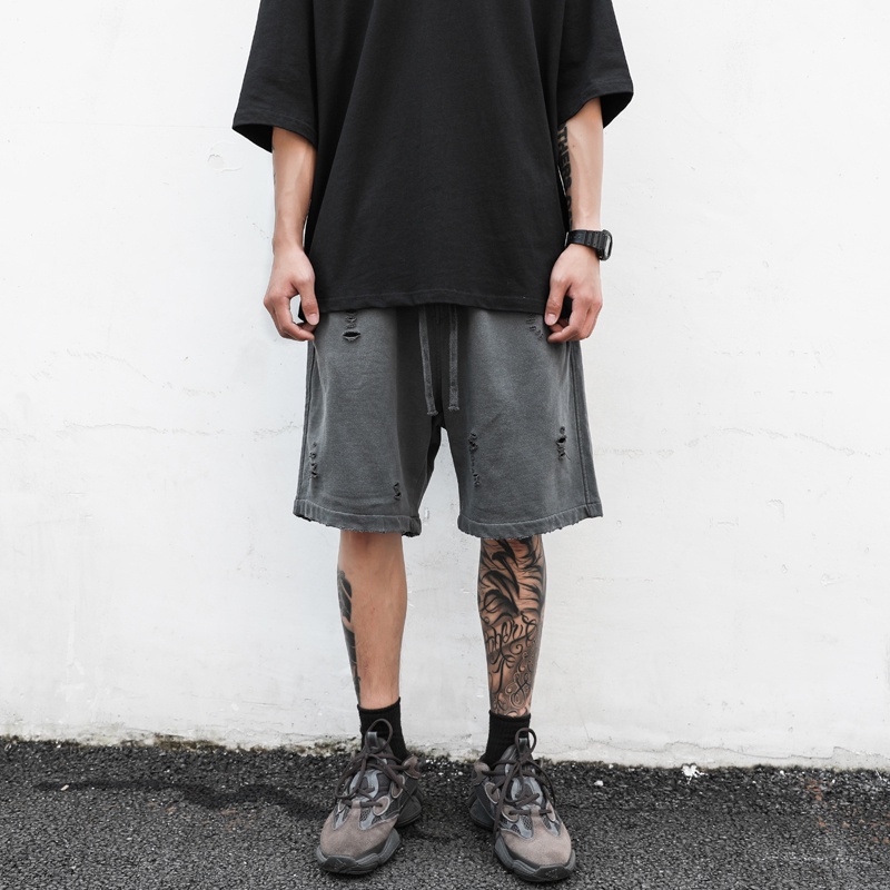 Quần Short Thể Thao Ống Rộng Phối Vết Rách Phong Cách Hip Hop Đường Phố Cá Tính
