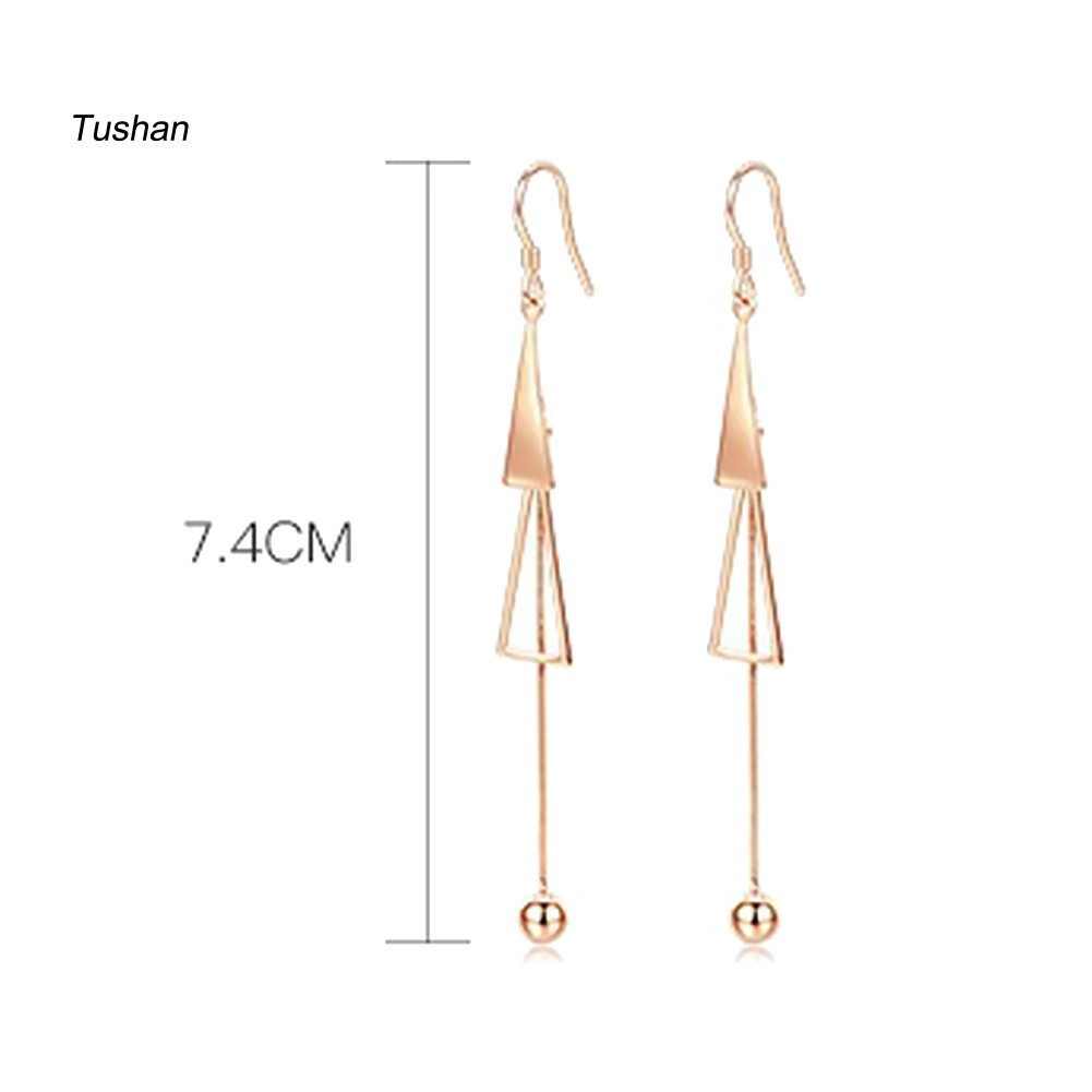 Bông Tai Dài Hình Tam Giác Phối Hai Quả Cầu Tua Rua Thời Trang Dành Cho Nữ