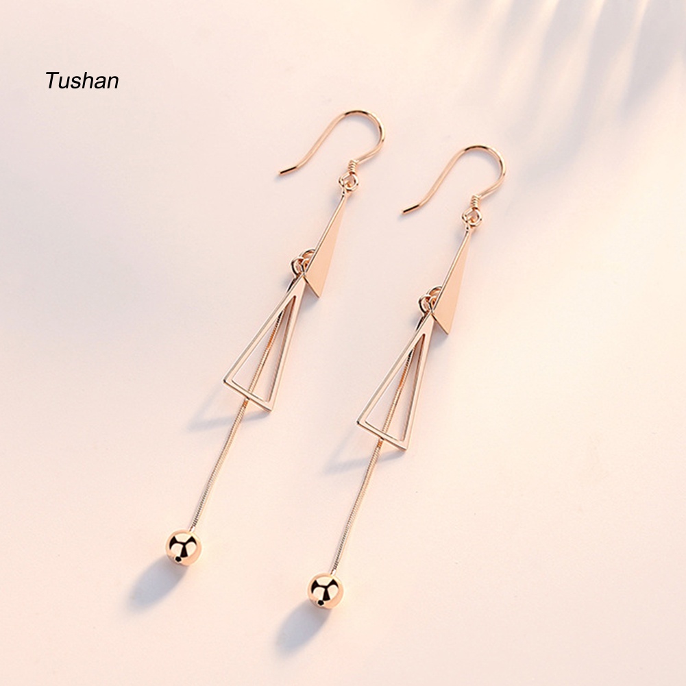 Bông Tai Dài Hình Tam Giác Phối Hai Quả Cầu Tua Rua Thời Trang Dành Cho Nữ