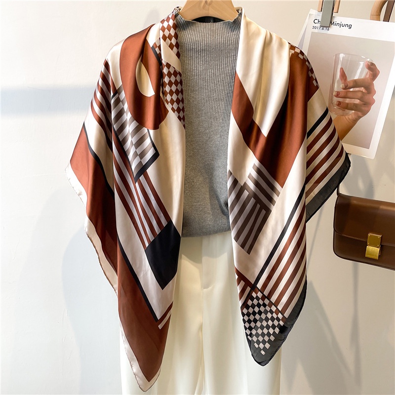 Khăn Quàng Cổ Lụa Satin 110cm Họa Tiết Kẻ Sọc Đơn Giản Dễ Phối Đồ Cho Nữ