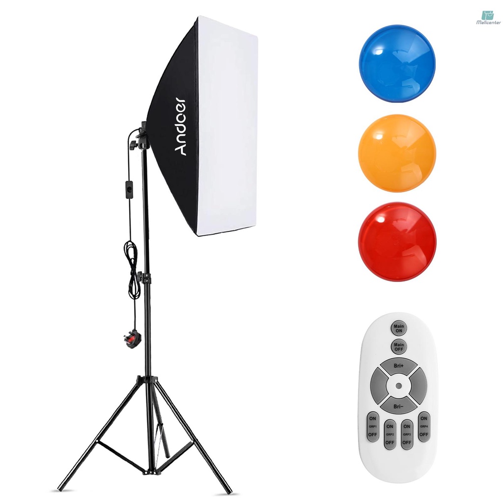 Andoer Studio Photography Softbox RGB LED Light Kit Including 20*28 Inch Softbox * 1/ 5500K 35W LED Light * 1/ Color Filters * 3(Red/Yellow/Blue)/ 2M Light Stand * 1/ Wireless Remote Control * 1 for L