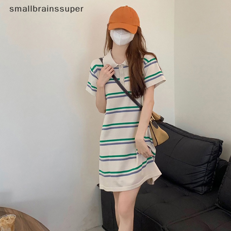 Đầm Tay Ngắn Cổ Bẻ Họa Tiết Kẻ Sọc Thời Trang Mùa Hè Xinh Xắn Cho Nữ