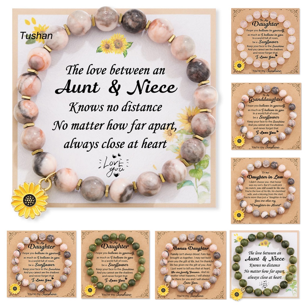 [Ts] Vòng Tay Chuỗi Hạt Hoa Hướng Dương Với Thẻ Truyền Cảm Hứng Co Giãn Điều Chỉnh Được Hạt Đá Tròn