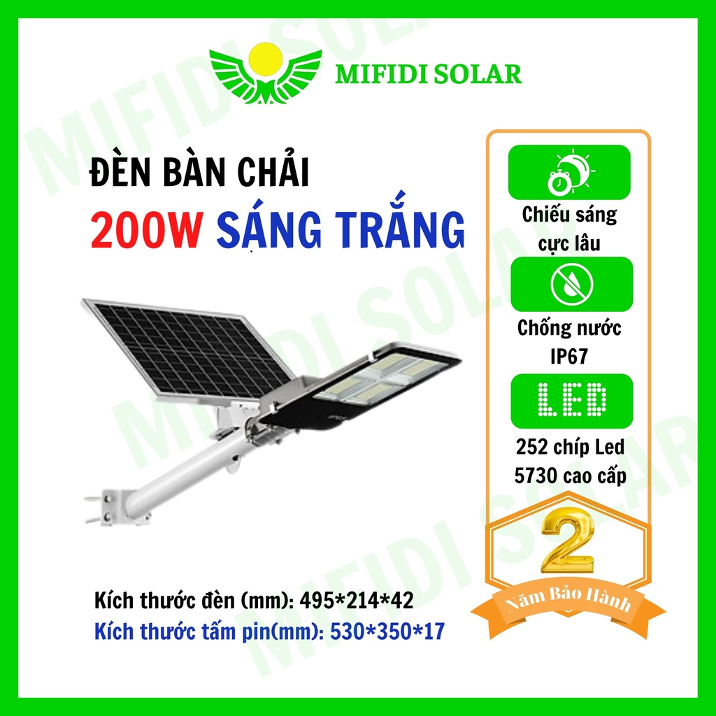 Đèn Đường Năng Lượng Mặt Trời 200W Mifidi Cao Cấp, Tấm Pin Lớn 530x350 Sáng Liên Tục 10-12 Tiếng, BH 2 Năm