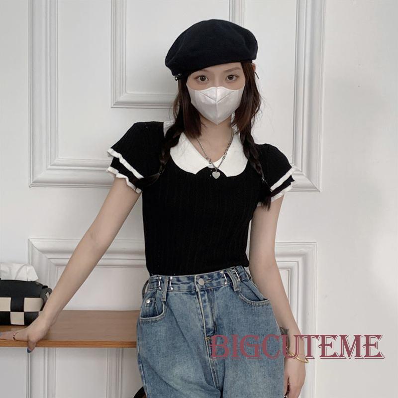 Áo Dệt Kim Tay Ngắn Cổ Búp Bê Màu Sắc Tương Phản Thời Trang Cho Nữ
