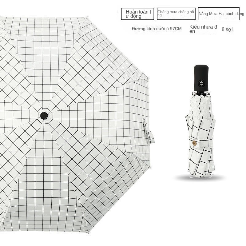 Dù Gấp Tự Động Chống Mưa Nắng Họa Tiết Sọc Caro Trắng Đen Đơn Giản
