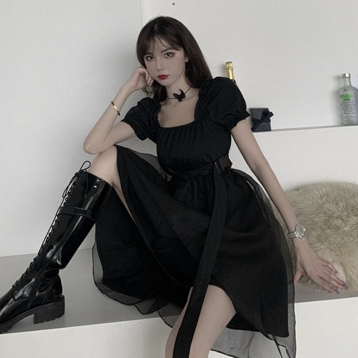 Đen Đầm Tay Phồng Cổ Vuông Màu Trơn Phong Cách Hàn Quốc Thời Trang Mùa Hè Quyến Rũ Cho Nữ