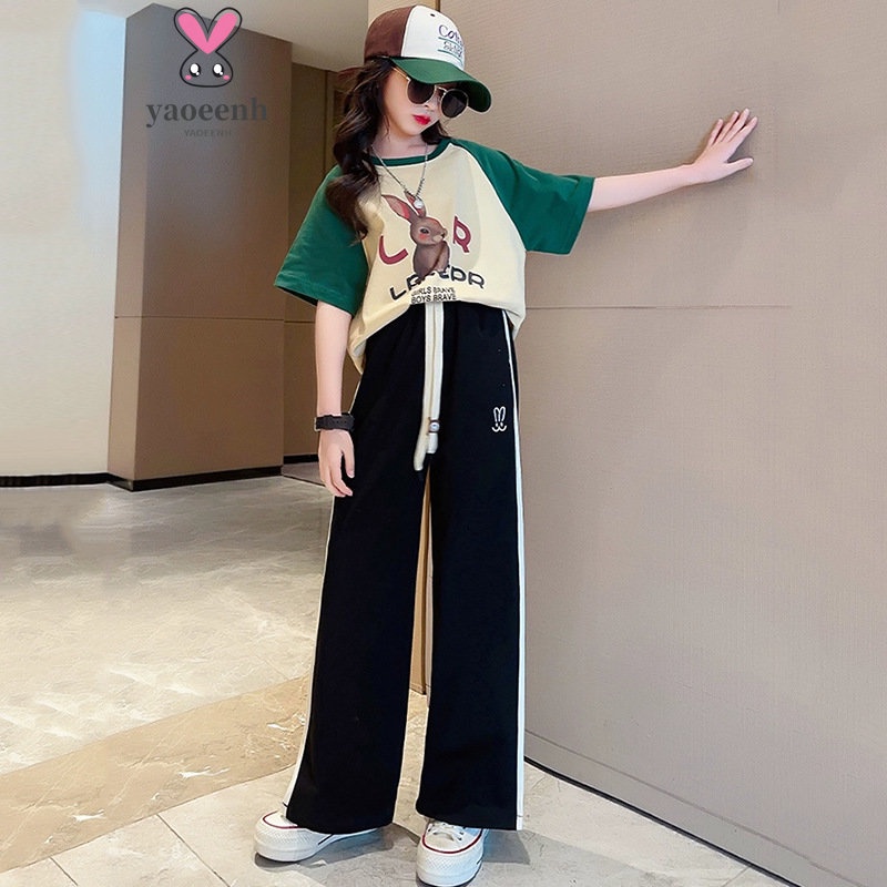 【YAOEENH】Bộ Đồ Thể Thao Tay Ngắn Dáng Rộng 120-170cm In Hoạt Hình Dễ Thương Cho Bé Gái