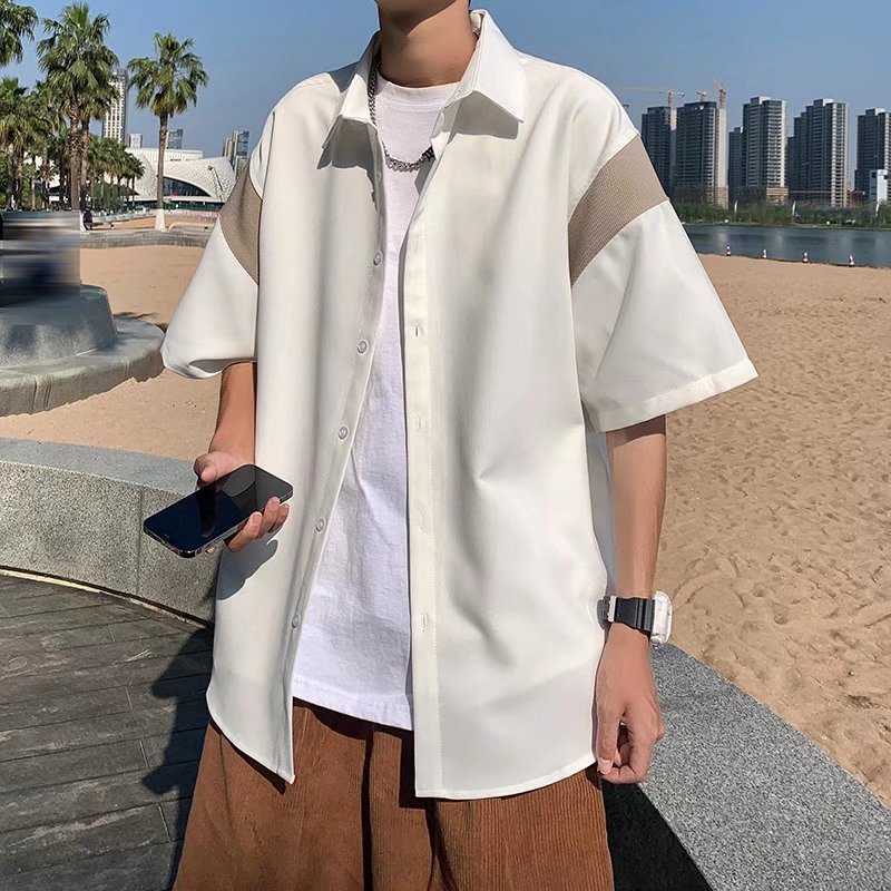 Áo Sơ Mi Tay Ngắn Dáng Rộng Màu Sắc Thời Trang Mùa Hè Phong Cách Hàn Quốc Cho Nam Giới