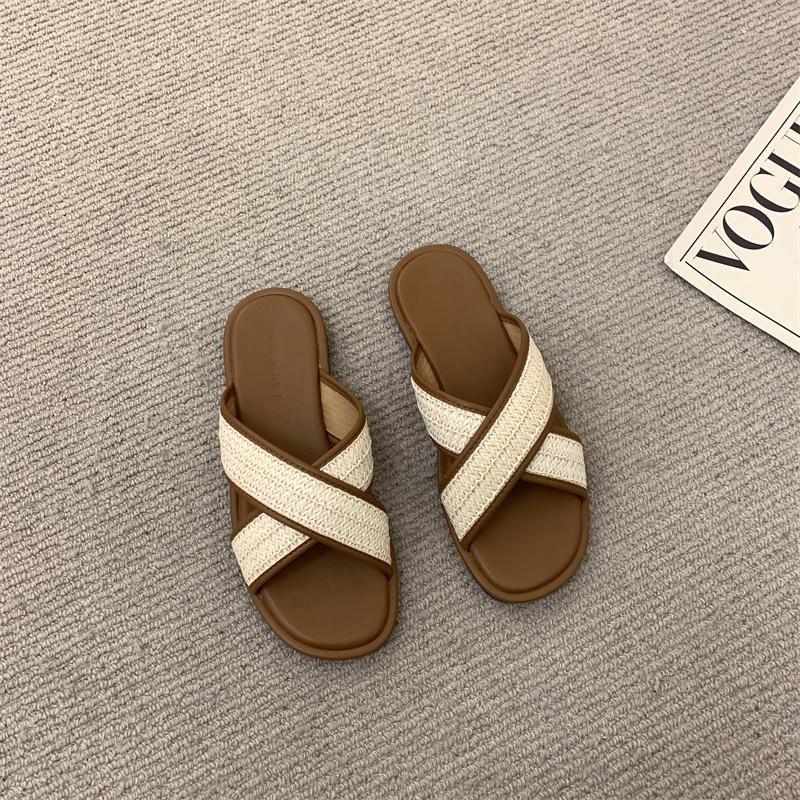 Dép Sandal Mùa Hè 2023 Đế Phẳng Bện Dây Phong Cách Pháp Cổ Điển Đơn Giản Dễ Phối Đồ Cho Nữ