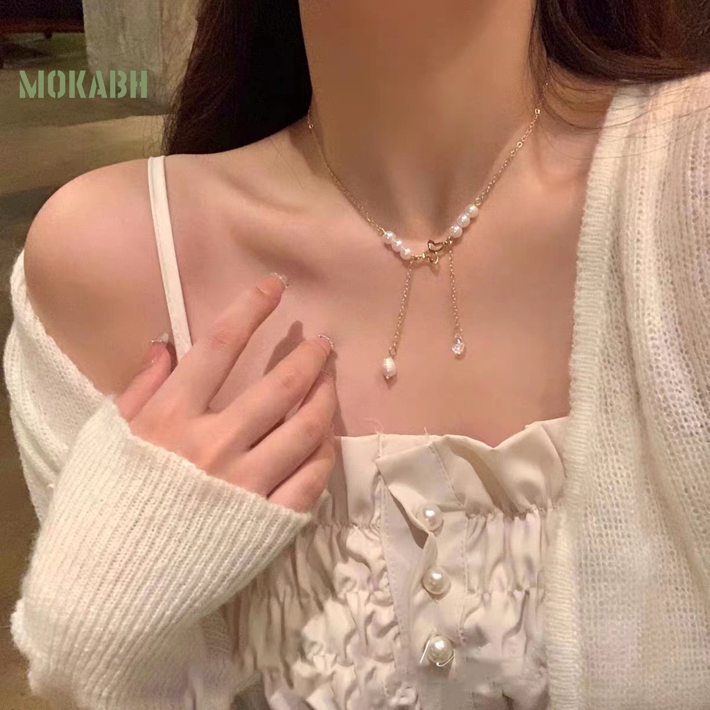 Vòng cổ Mặt Hình Bướm Đính Ngọc Trai Nhân Tạo Thanh Lịch Có Thể Điều Chỉnh Cho Nữ