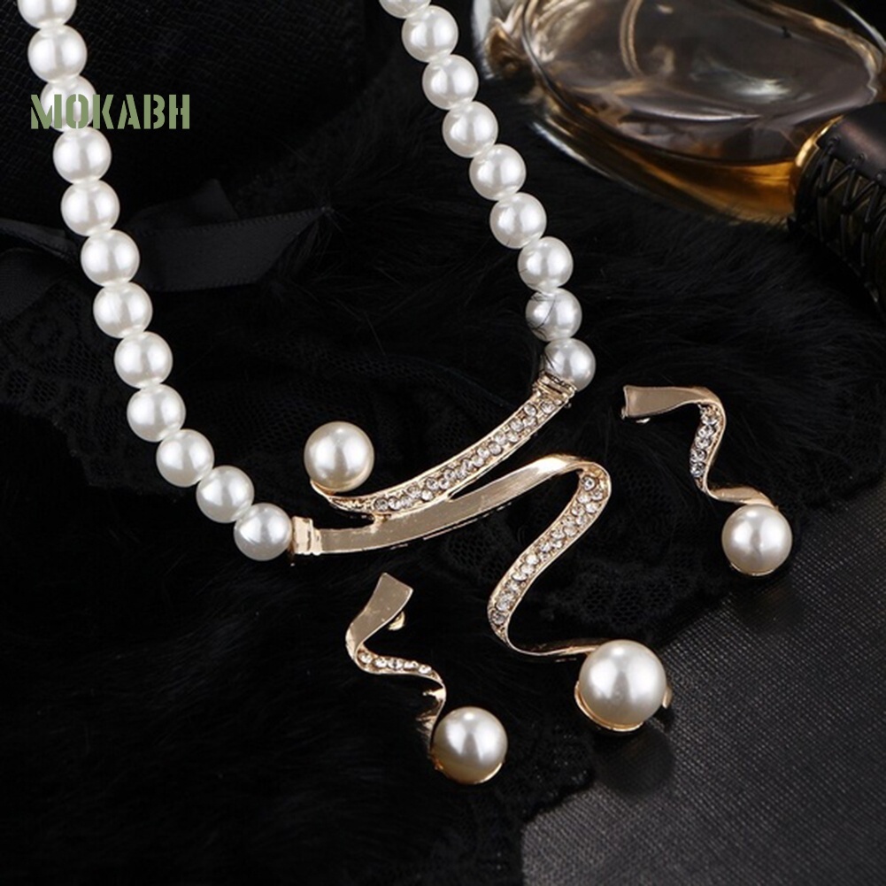 Bộ Vòng cổ + Bông Tai Đính Ngọc Trai Nhân Tạo &amp; Kim Cương Giả Cho Nữ