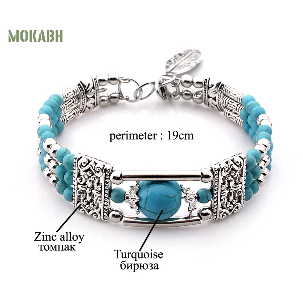 Vòng Đeo Tay Ba Lớp Đính Ngọc Lam Giả Phong Cách Bohemia Thời Trang Cho Nữ