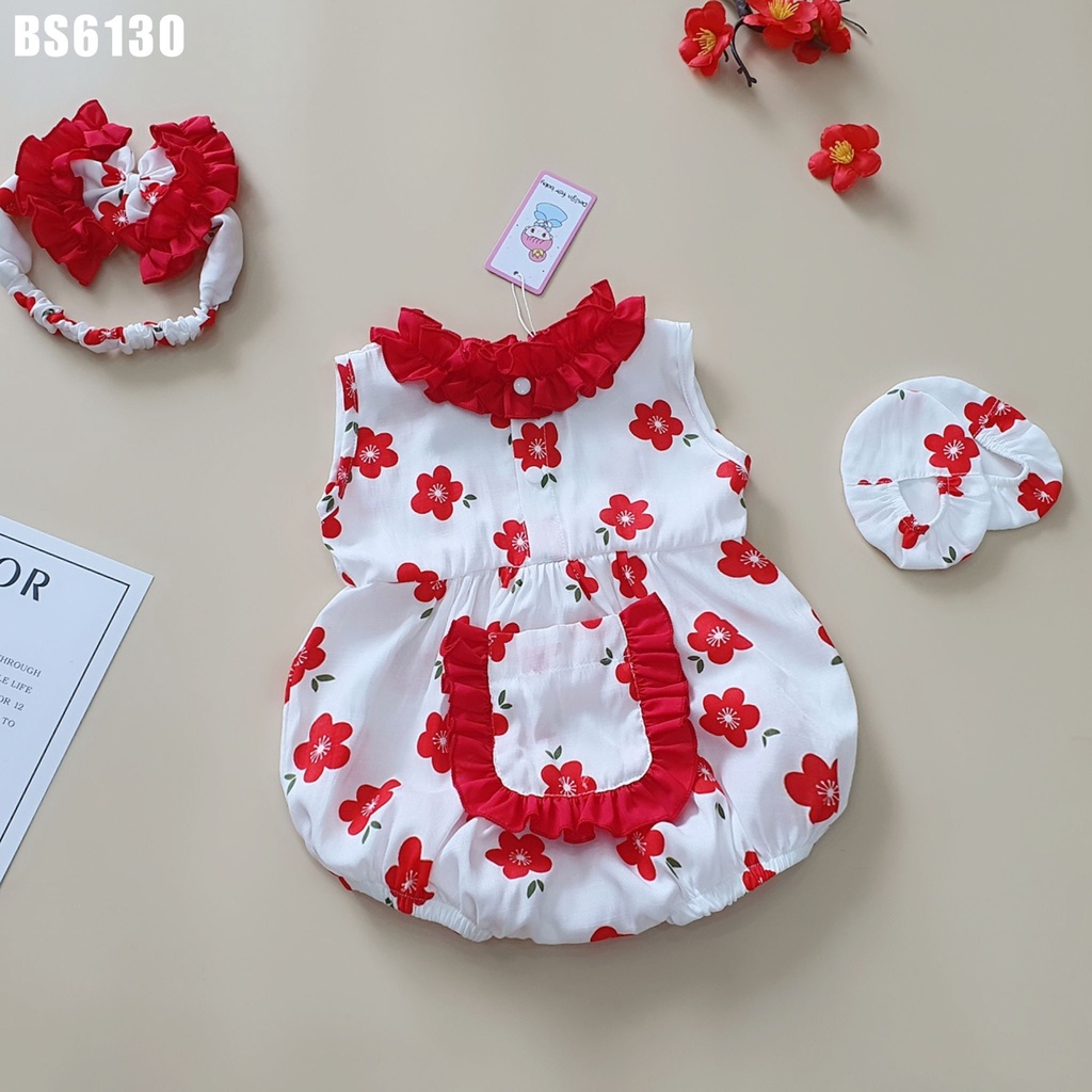 Set body sơ sinh hoa màu đỏ cho bé gái sơ sinh 1 2 tuổi kèm băng đô MINTSCLOSET Mint's Closet họa tiết hoa mai - BS6130