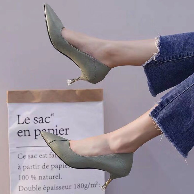 YAOLI  Giày Cao Gót Da Mềm Mũi Nhọn Phong Cách Pháp
