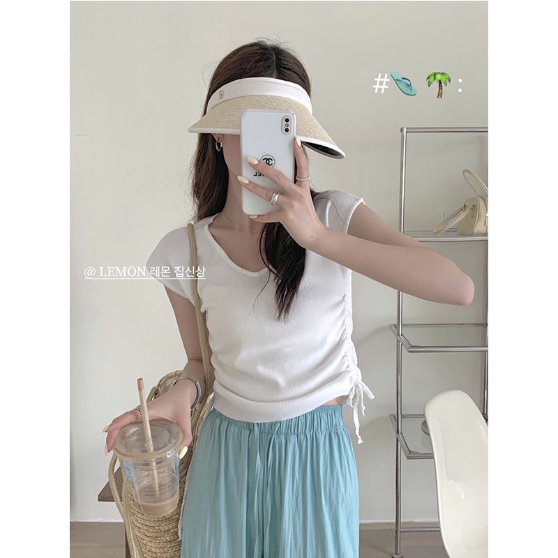 Áo Thun Tay Ngắn Dáng Ôm Phối Dây Rút Họa Tiết Kẻ Sọc Thời Trang Mùa Hè 2023