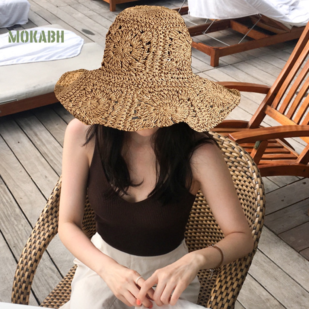 [Mok Abh] Nón Cối Rộng Vành Chống Tia UV Màu Trơn Thoáng Khí Thời Trang Đi Biển Mùa Hè Cho Nữ
