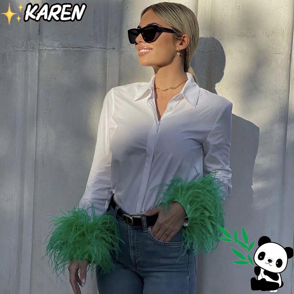 Karen Áo Thun Nữ Phối Lông Màu Xanh Lá