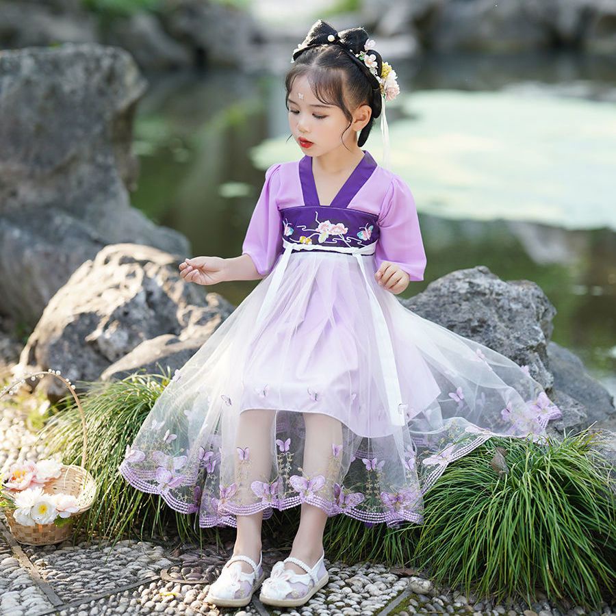Đầm Công Chúa Tay Ngắn Thêu Hình Bướm Phong Cách Mới Cho Bé Gái