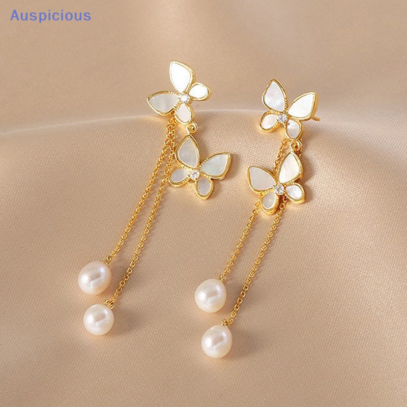 1 Đôi Bông Tai Dài Tua Rua Hình Bướm Đính Ngọc Trai Lãng Mạn Thời Trang Cho Nữ