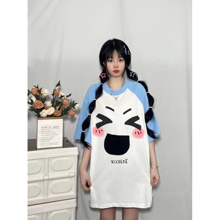 Áo Thun Raglan Tay Ngắn In Họa Tiết Biểu Tượng Cảm Xúc Nặng Gram Dễ Thương Thời Trang Mùa Hè Cho Nữ