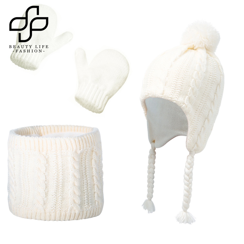 1 Bộ Nón Và Găng Tay Len Dệt Kim Đính Bóng Lông Cho Bé 2-5 Tuổi