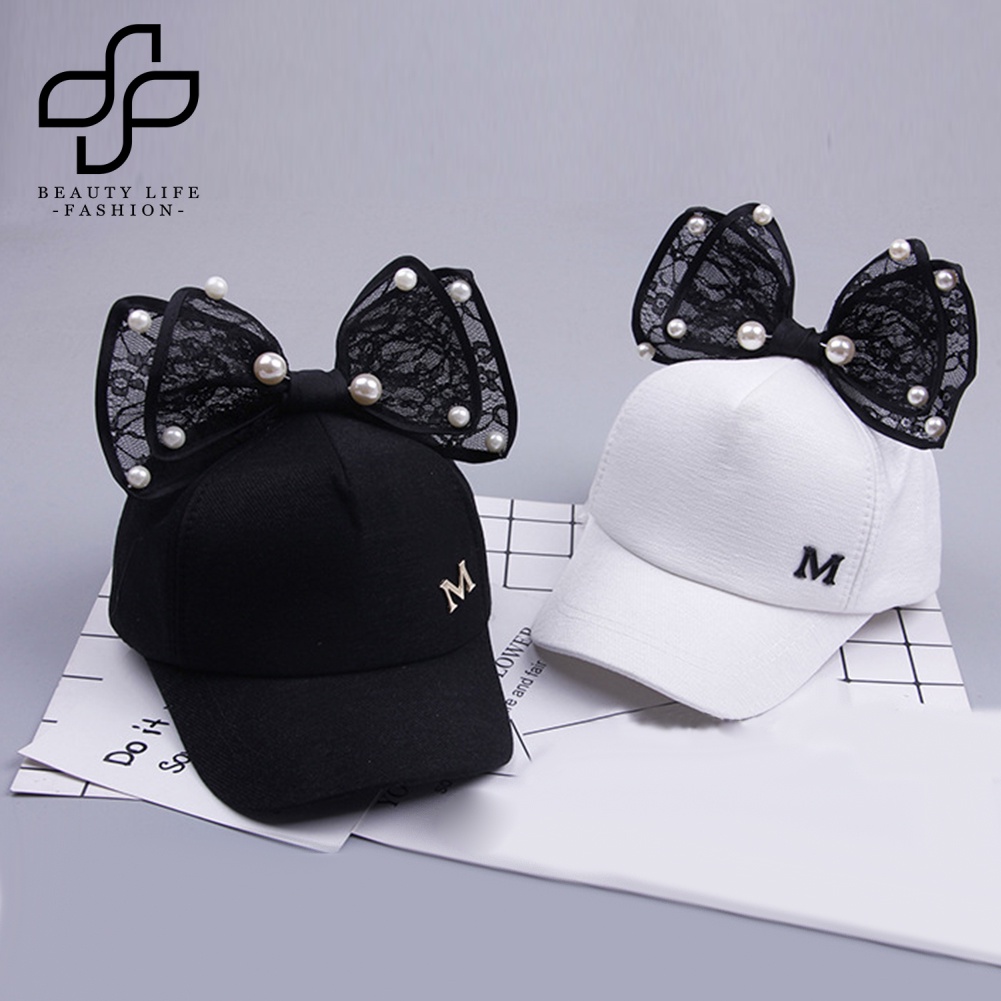 Mũ Lưỡi Trai Đính Nơ In Chữ M Đính Ngọc Trai Giả Thời Trang Mùa Hè Cho Bé Gái
