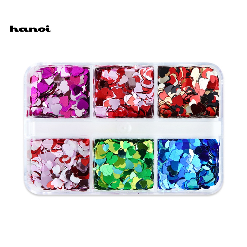 1 Hộp Kim Sa Phản Quang 6 Ngăn Trái Tim Trang Trí Móng Tay DIY