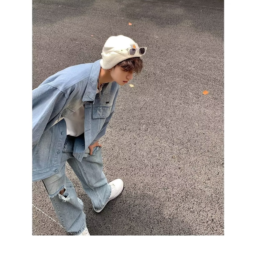 Áo Khoác Denim Dáng Rộng Màu Sắc Cà Phê Phong Cách Retro Đường Phố Cho Nam Giới