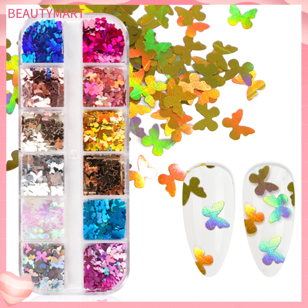 Hộp 12 Ngăn Đựng Hạt Kim Sa Hình Bướm Trang Trí Móng Tay DIY