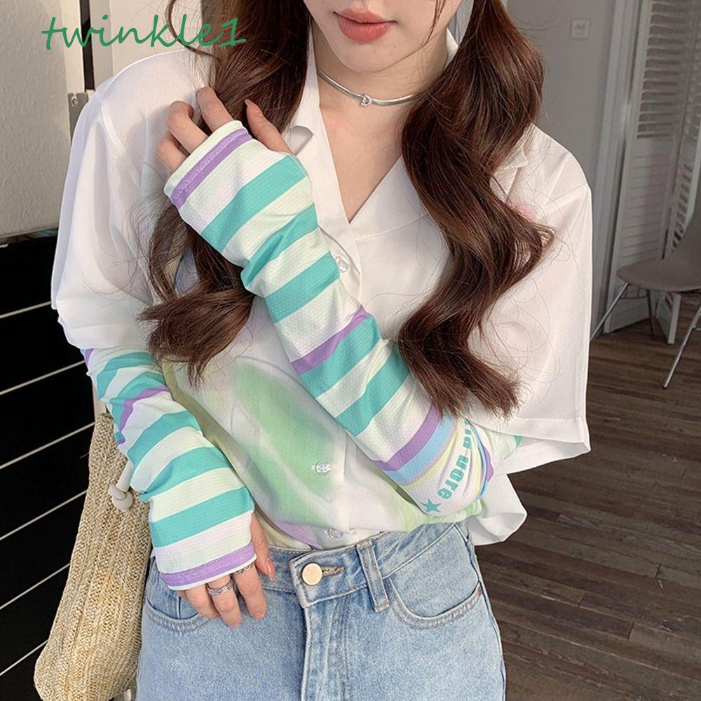 Găng Tay Chống Nắng Tia UV Y2k Bằng Lụa Lạnh Mỏng Co Giãn Thoáng Khí Họa Tiết Sọc Cầu Vồng